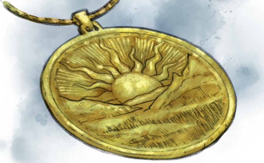 a golden coinsized medallion, showing a sunrise between two valley